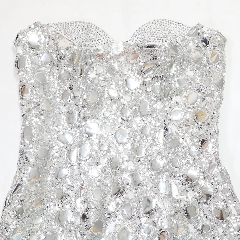 女性のセクシーなグリッタースパンコールバンドゥパーティードレスノースリーブバックレスラインストーンミニドレス