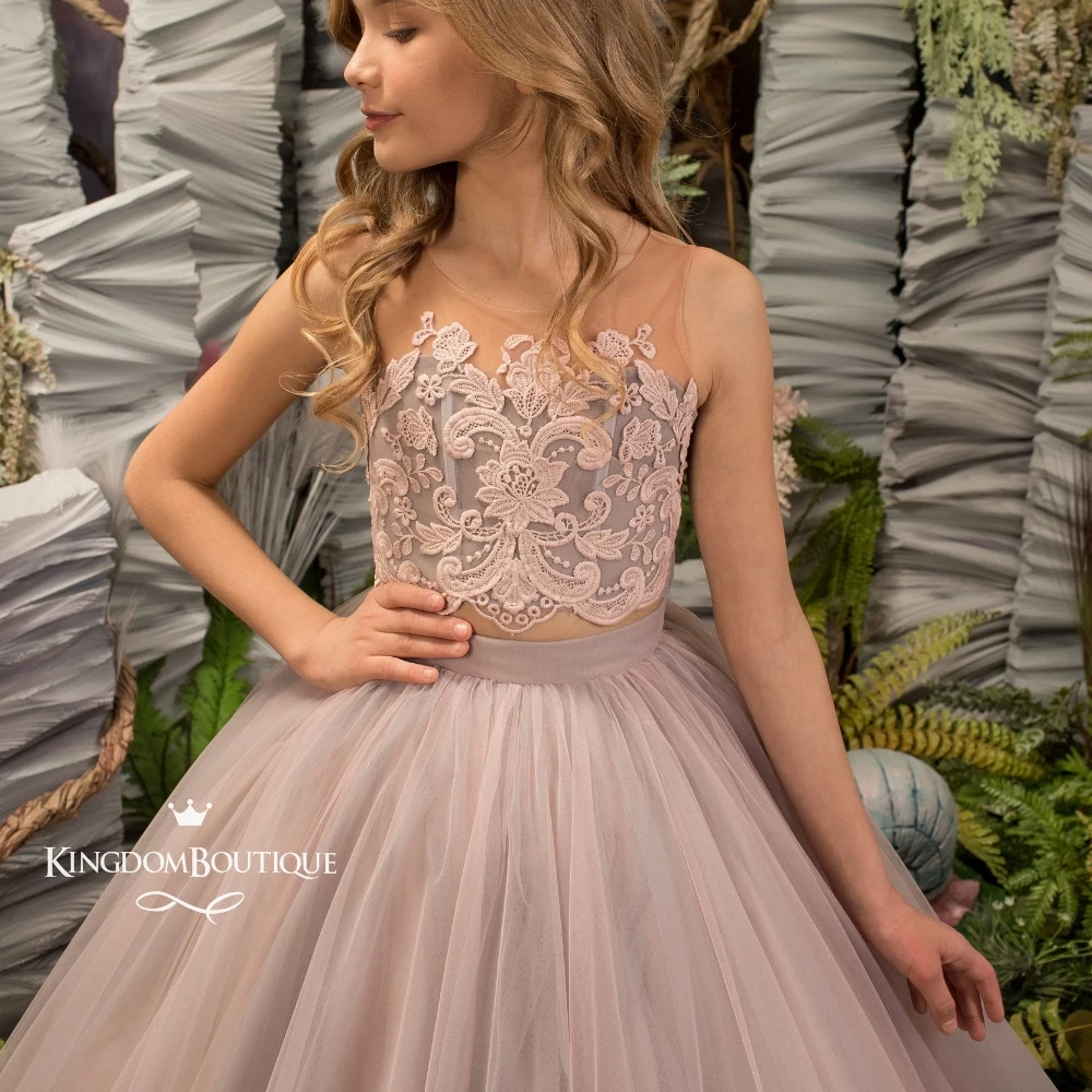 Lorencia Blush due pezzi Flower Girl Dress per matrimoni Princess Floral Lace Applique prima comunione Pageant Party Gown YFD60