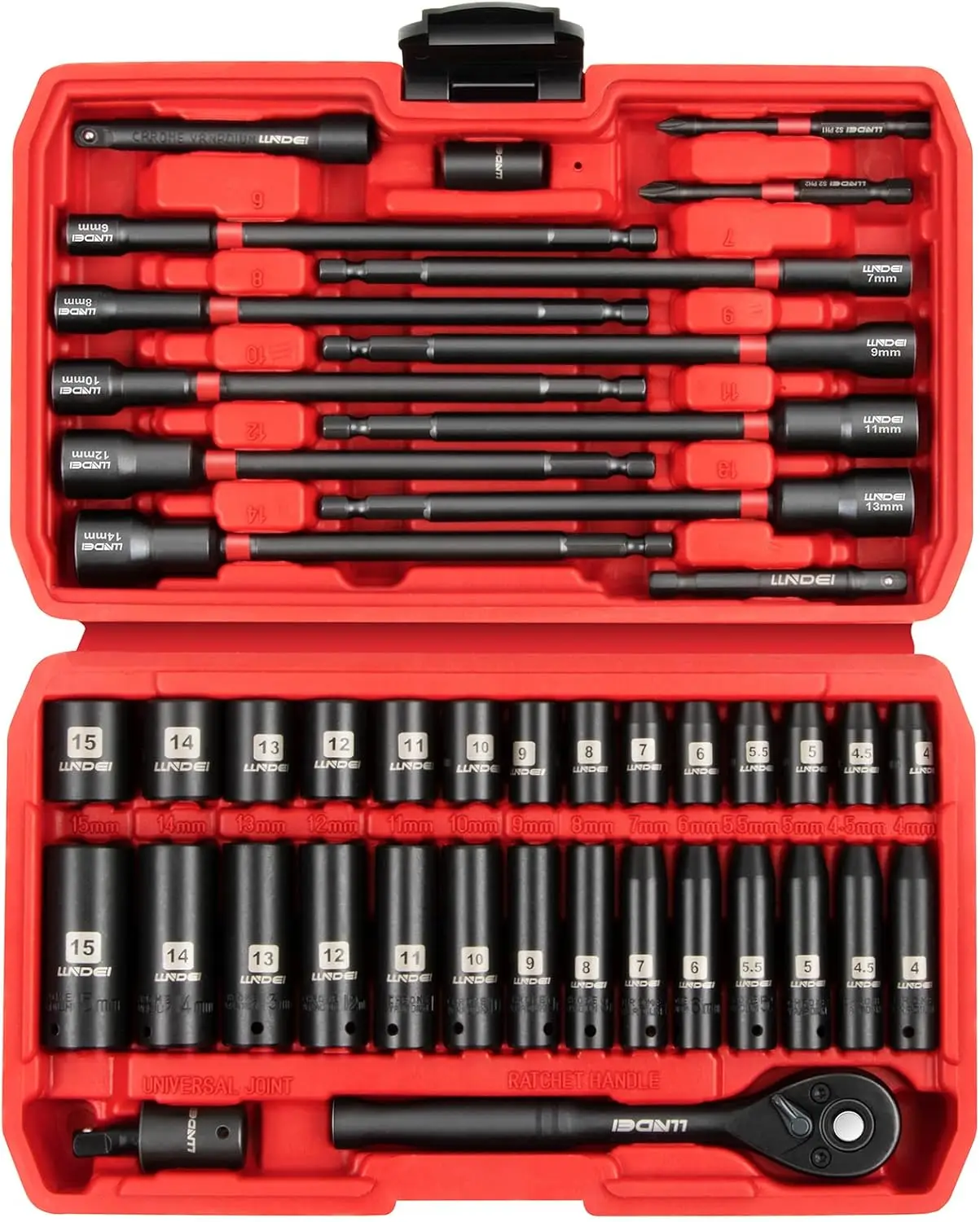 

44PCS 1/4-Inch Socket Set with Ratchet & Nut Drivers for Impact Drills, Metric Sizes 4-15mm