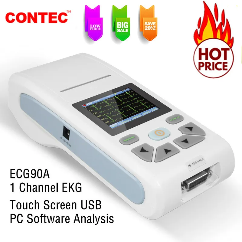 CONTEC-electrocardiógrafo portátil Ecg90a, máquina ecg/EKG de 12 canales, pantalla táctil, 90A