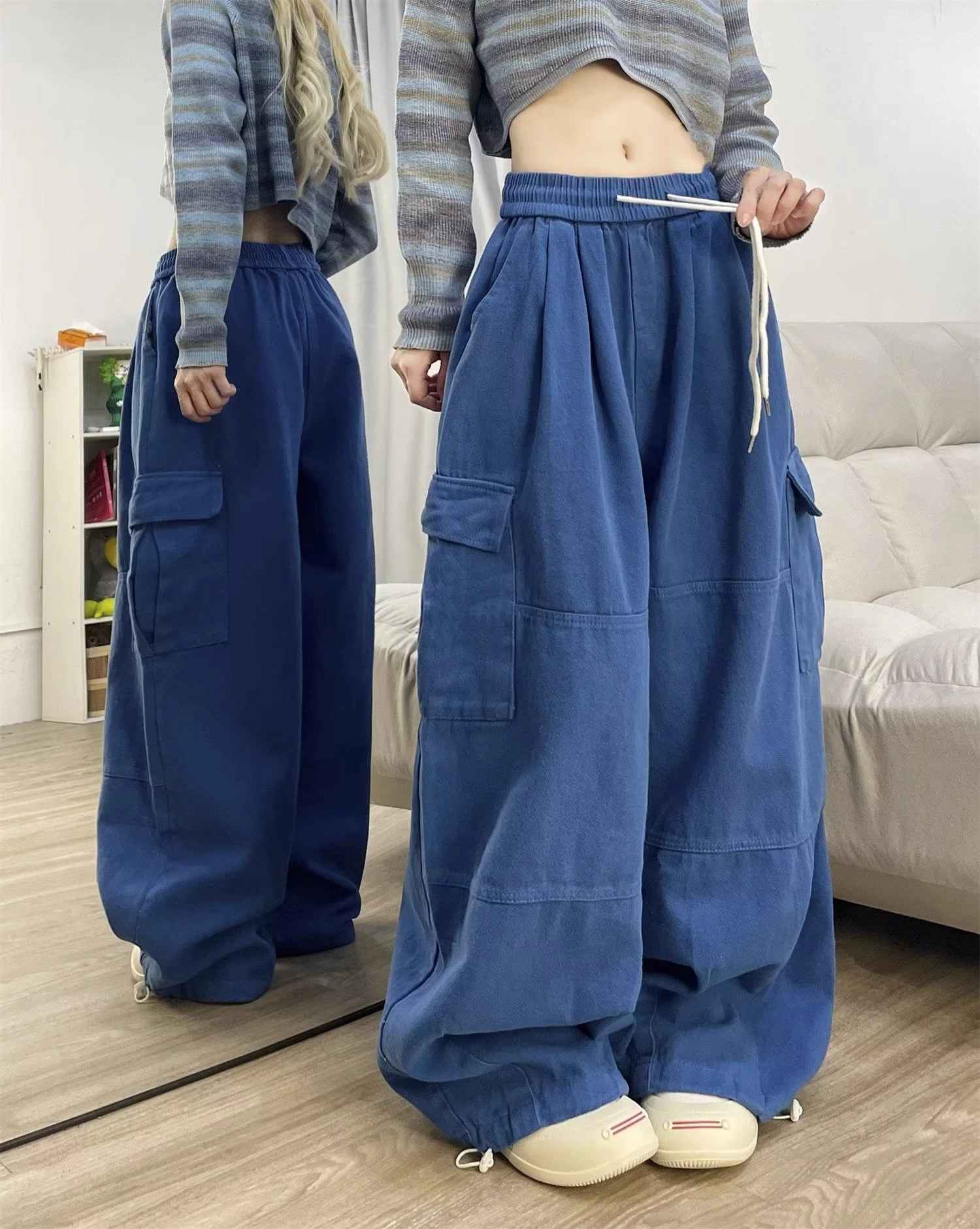 Cargo Pants Women Solid Color Japanese Loose Thin Straight Wide-leg High Waist Trousers High Street Basics Casual Pants Female