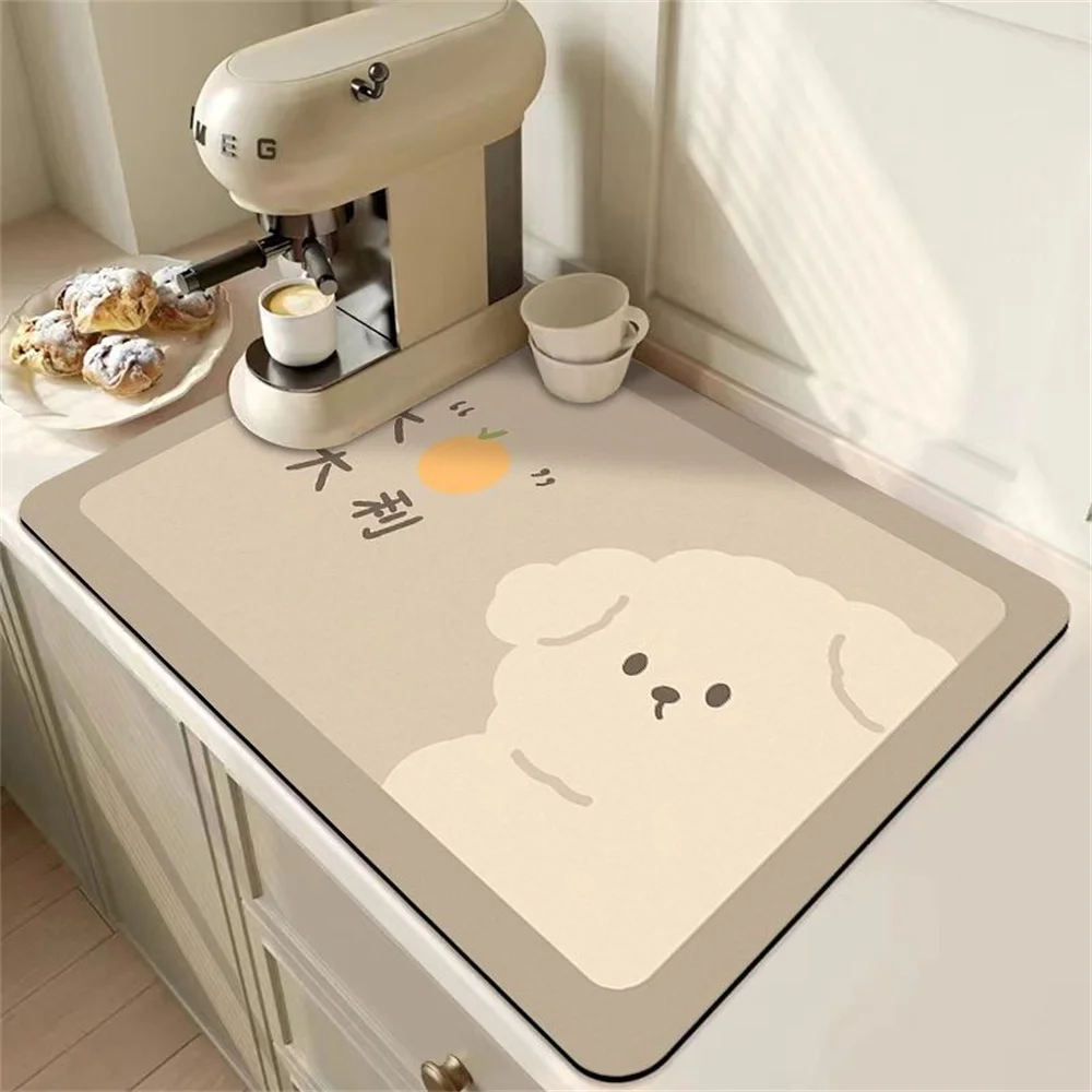 Coffee Machine Cute Bear Drain Mat Kitchen Countertop Simple Cream Absorbent Mat Table Table Washable Dry Non-slip Mat