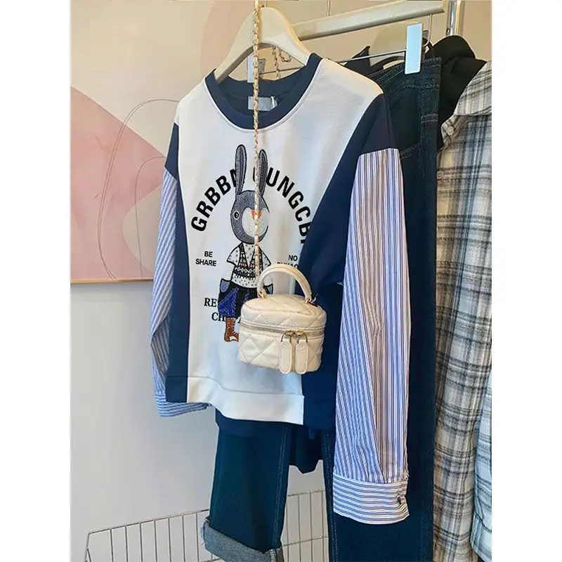 

Striped Patchwork Fake Two Pieces O-neck Sweatshirts Femme Spring Autumn Casual Vintage Cartoon Pullovers Women Clothes Top Tee