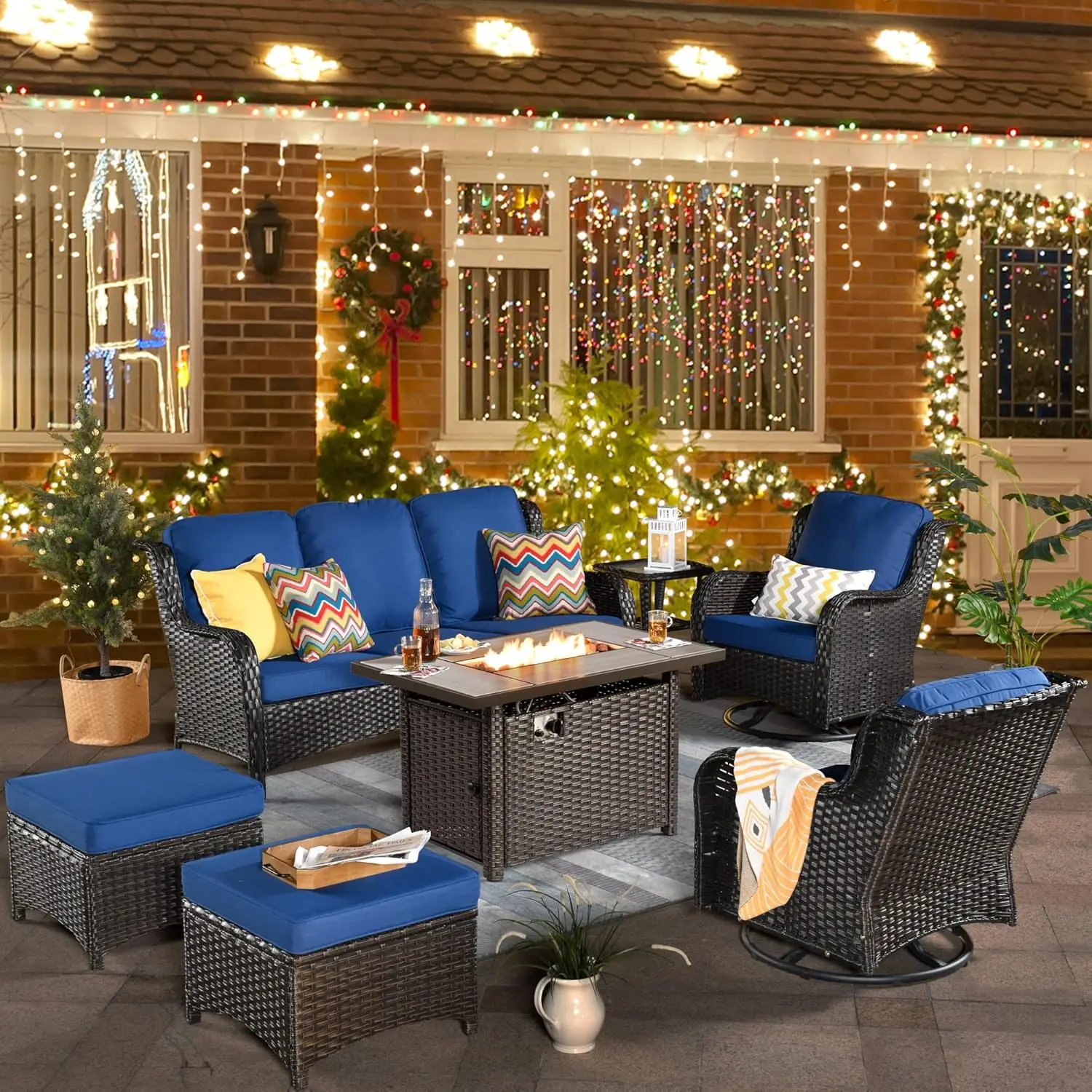 

Patio Furniture Sets Outdoor Swivel Rocking Chairs with BTU Propane Fire Pit Table All Weather PE Wicker Conversation Sofa