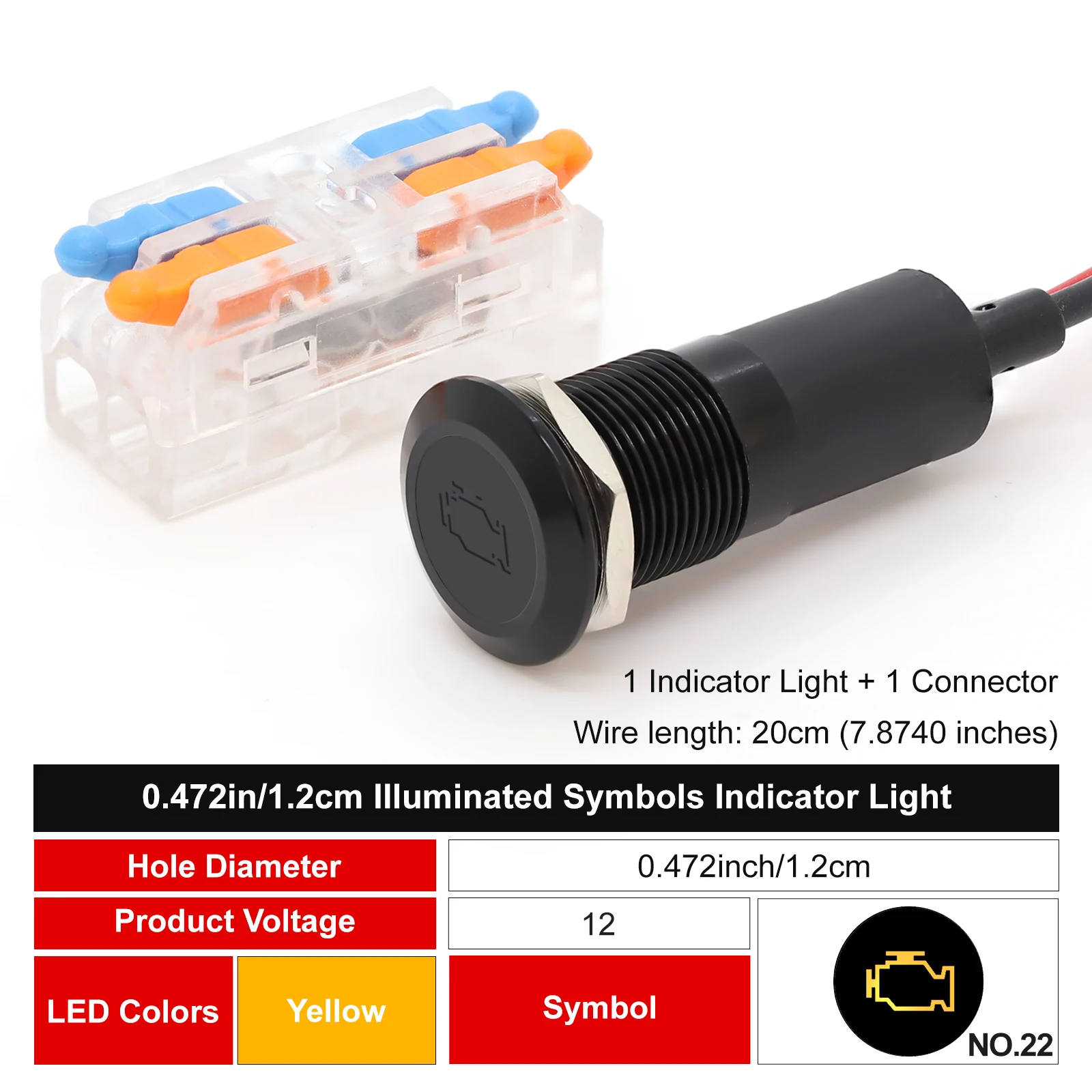 FILN 12mm Symbol-LED-Anzeigeleuchte 12V 24V Schwarze Metall-Anzeigeleuchte mit Kabel für Auto-Armaturenbrett und Maschinen