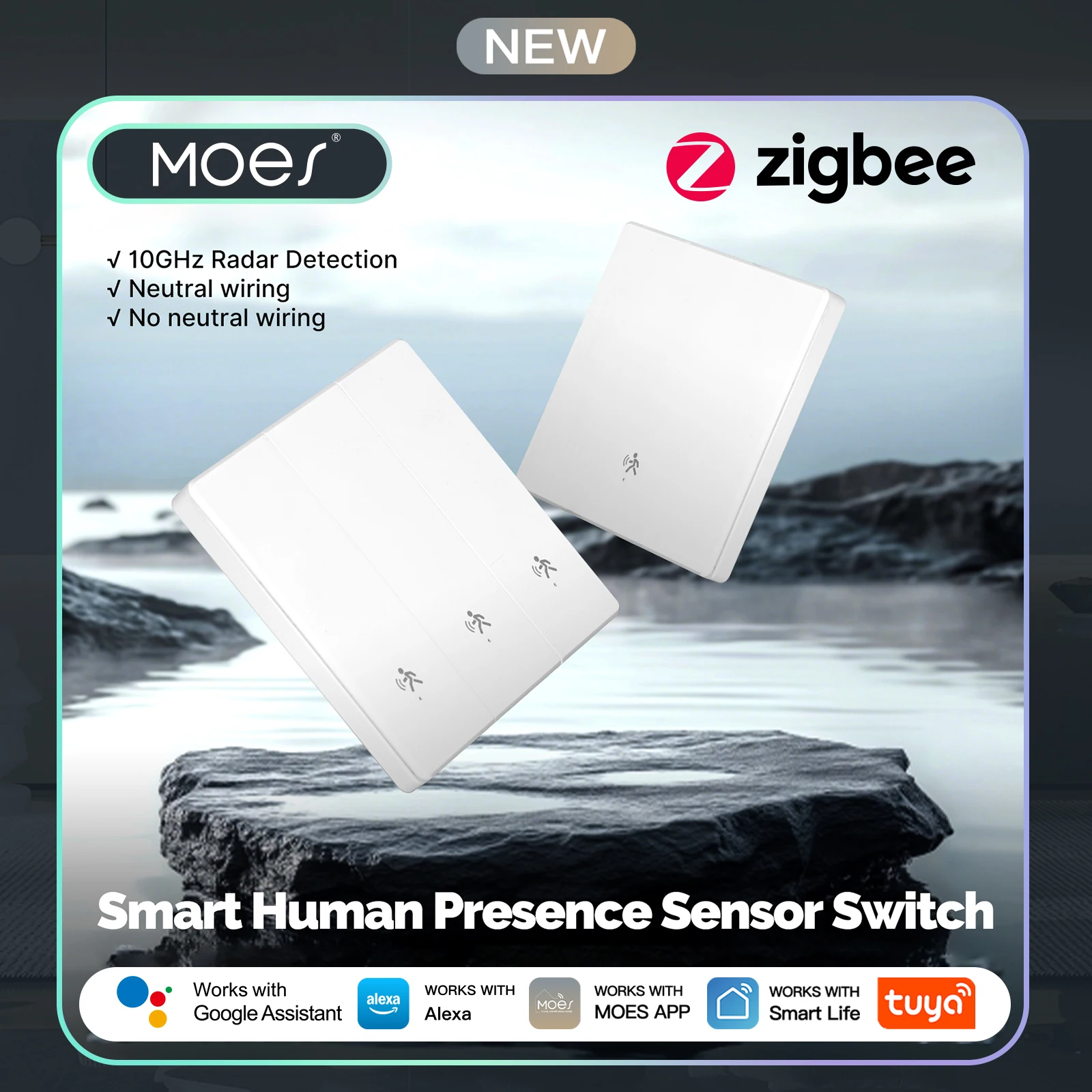 MOES Tuya Zigbee Smart mmWave Radar Interruptor de pared con detección de presencia humana, cable neutro opcional, compatible con Alexa y Google