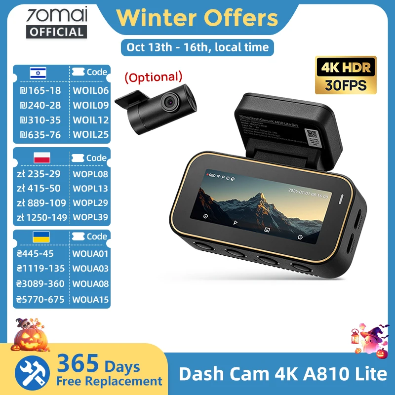 【Lokales Lager】70mai Dashcam 4K A810 Lite HDR mit Superkondensator, 4G-kompatibel, Sprachsteuerung, Wi-Fi 6, GPS, Auto-DVR, 70mai A810 Lite