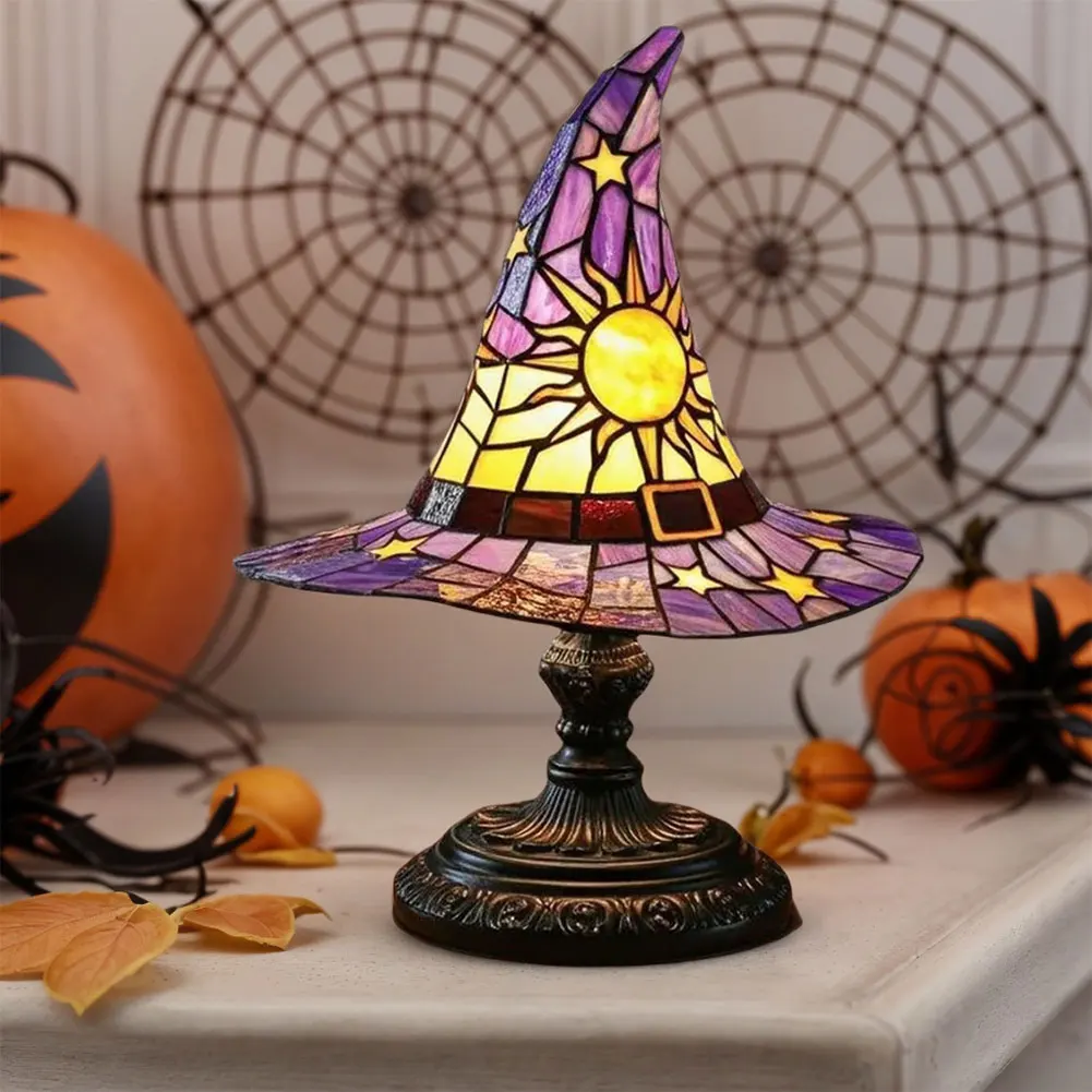 Stained Glass หมวกแม่มดโคมไฟ LED โคมไฟสร้างสรรค์ USB ขับเคลื่อนเรซิ่นหมวกแม่มดไฟกลางคืนขนาดเล็กสําหรับตกแต่งห้องนอนหน้าแรก