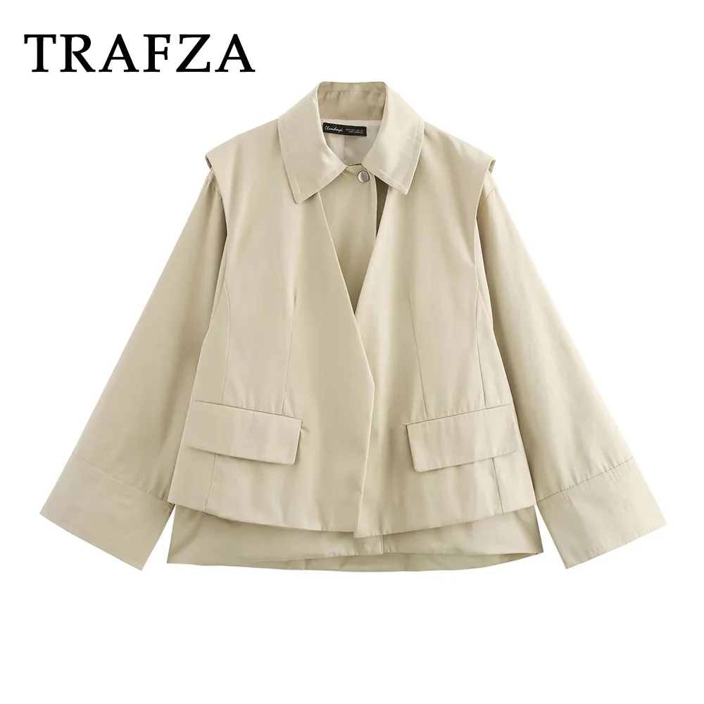 

TRAFZA 2024 Autumn Women Casual Solid Coat V-Neck Button Vest+Loose Zipper Draped Pockets Coats Fashion Women Vintage Coat