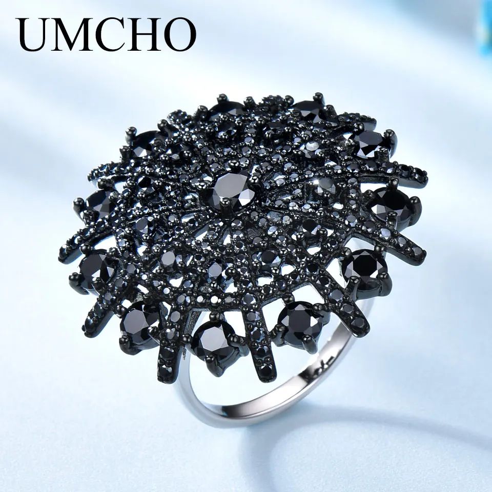 

UMCHO Gemstone Natural Black Spinel Ring Female Solid 925 Sterling Silver Rings For Women Round Wedding Engagement Jewelry Gift