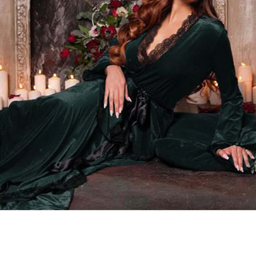 กํามะหยี่สําหรับผู้หญิงแขนยาว Belted ลูกไม้ Patchwork Trim เสื้อคลุมอาบน้ํานุ่ม Loungewear สุภาพสตรีชุดนอน