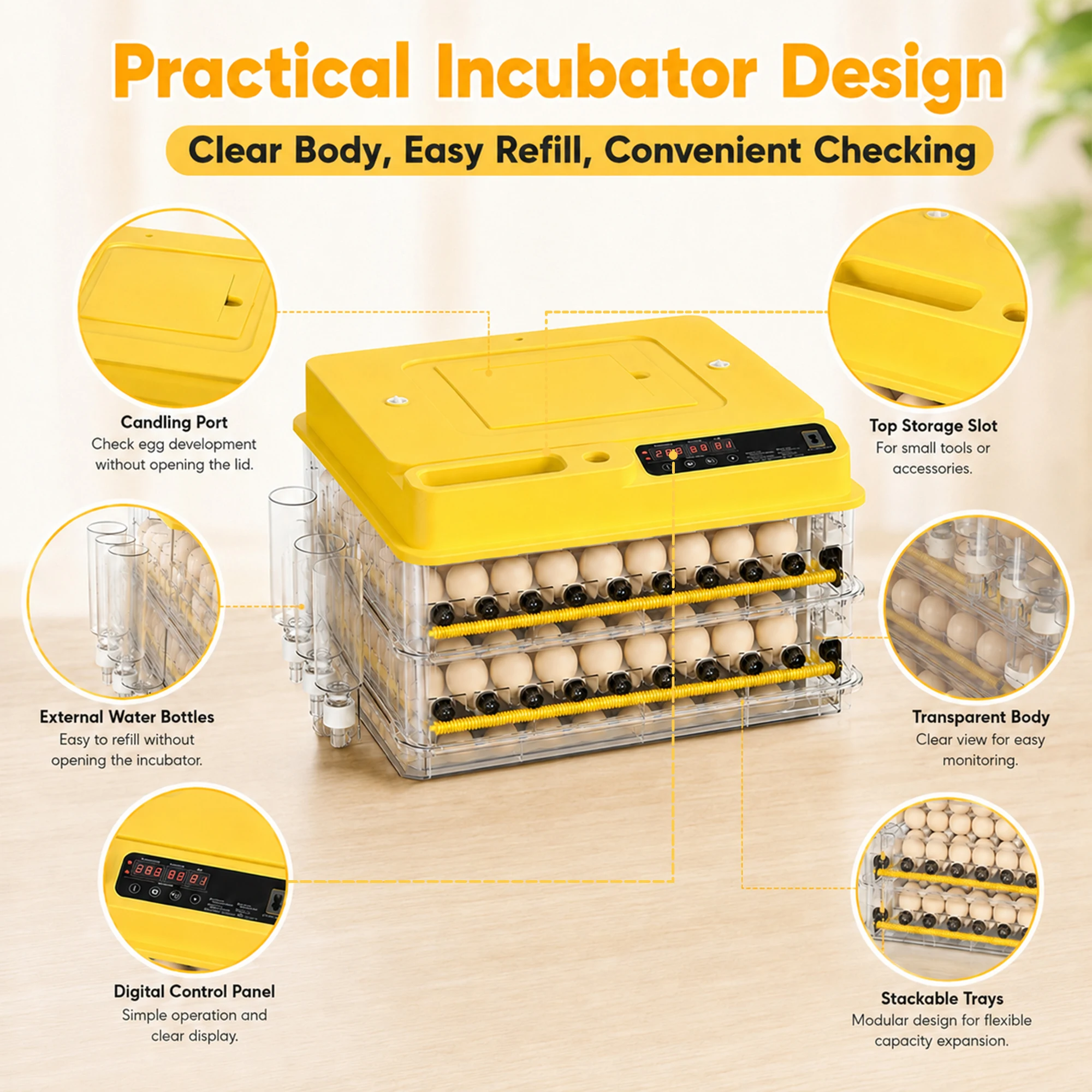 3 Layer Smart Electric Egg Incubator 20.6 x 18.5 x 15.5 Inch Fully Automatic Poultry Hatcher with Auto Egg Turning Temperature Control LED Display for Hatching Chicken Duck Quail Goose Eggs Home Farm Use view 7