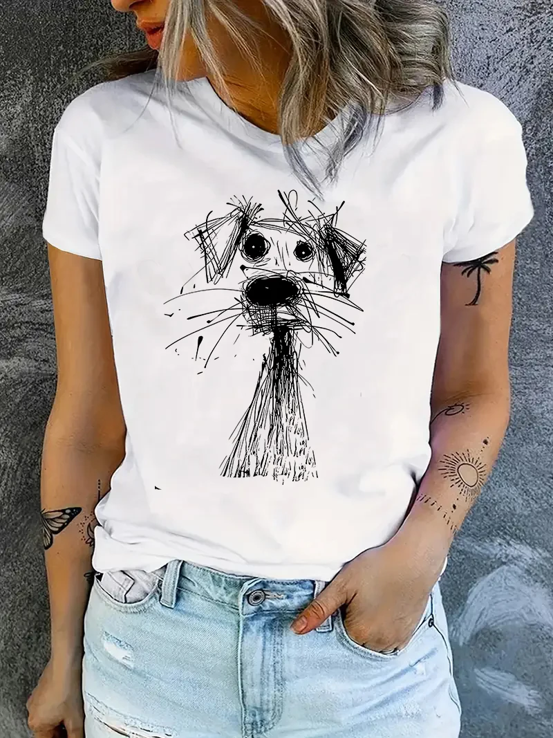 Kawaii Creative Drawn Dog Graphic Print Round Neck Summer T-shirt Girls Female T Shirt Casual Fashion Summer Tee Vintage Clothes