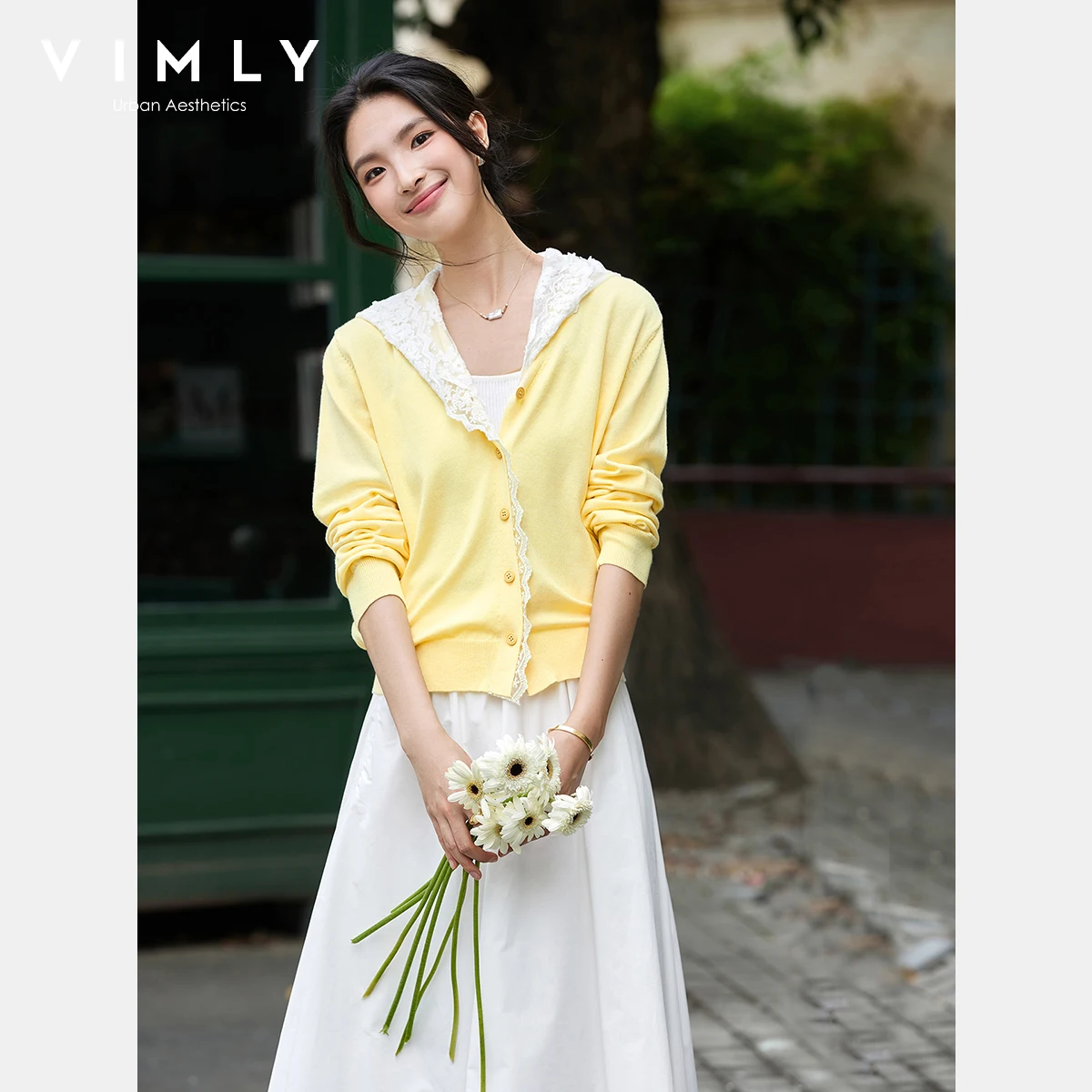 

VIMLY Yellow Lace Hooded Cardigan Woman Autumn 2025 Long Sleeve Knit Casual Cropped Button Female Cardigan Sweater Women 75061