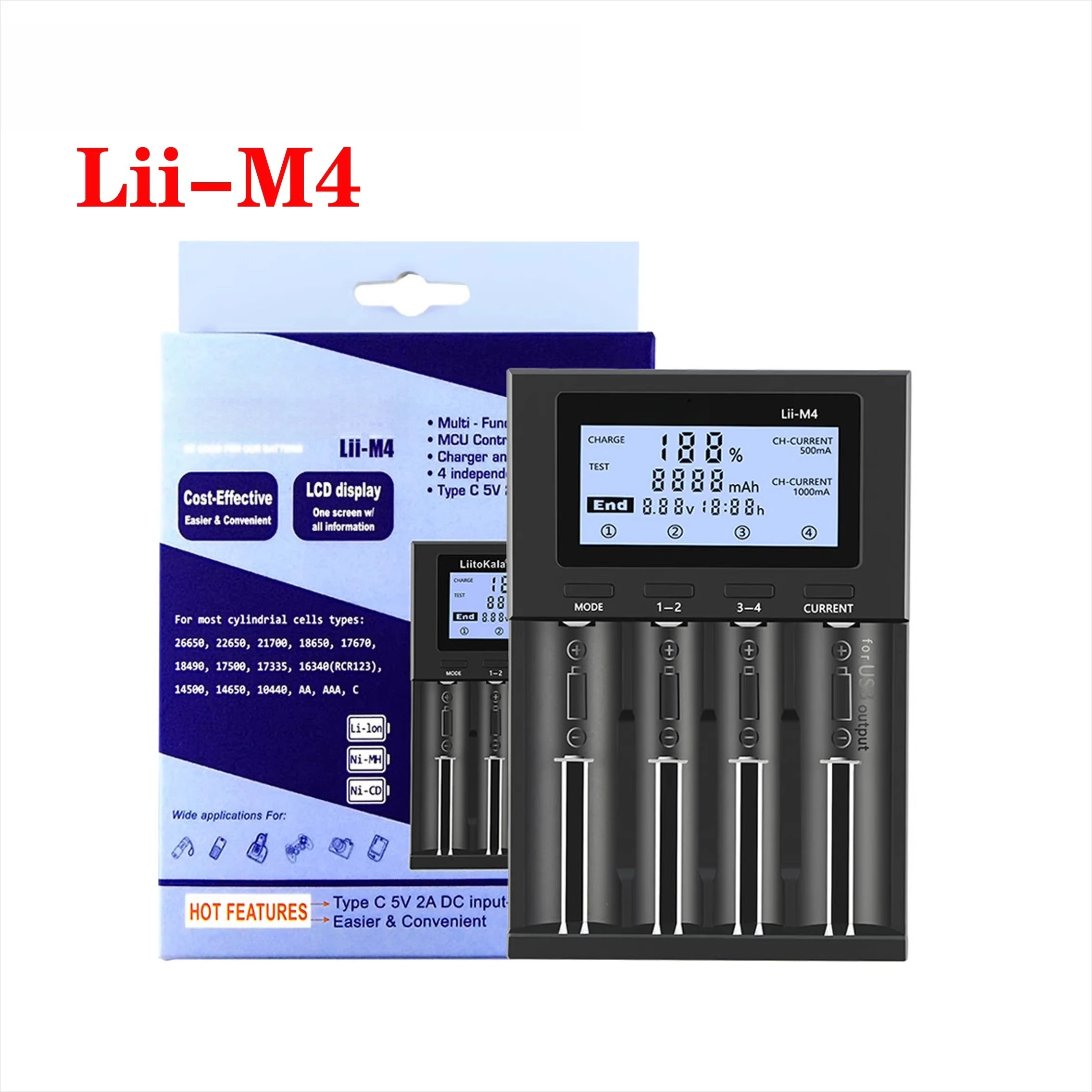 

Универсальное интеллектуальное зарядное устройство Lii-M4 – для литий-ионных/никель-металлгидридных аккумуляторов 18650, 21700, AA, AAA, с ЖК-дисплеем и тестом емкости, 4 слота.