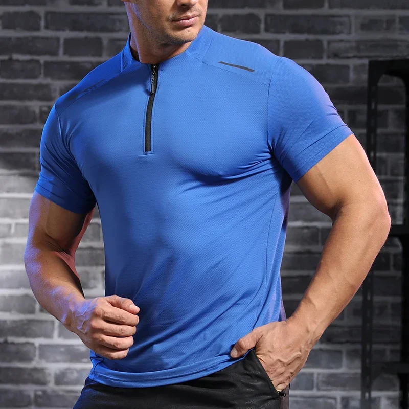 Męska koszulka fitness Ice Silk Sports Tight Tops Running Training Dry Fit Short Sleeve with Half Zip Bodybuilding Tee Muscle Fit T-shirt