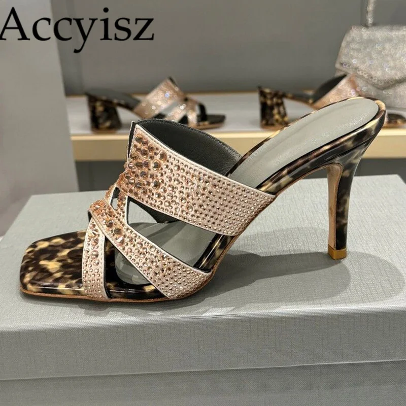 

Summer New Crystal Decoration Slim Heel Slippers Women's Solid Color Simple Versatile Open Toe Sandals Daily Casual Banquet Shoe