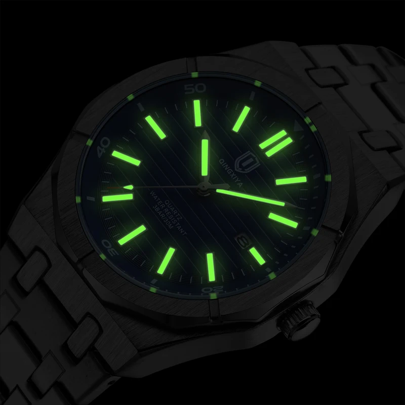 QINGXIYA New Fashion Grey Quartz Watch for Men Stainless Steel Waterproof Luminous Calendar Luxury Men Watches Relogio Masculino