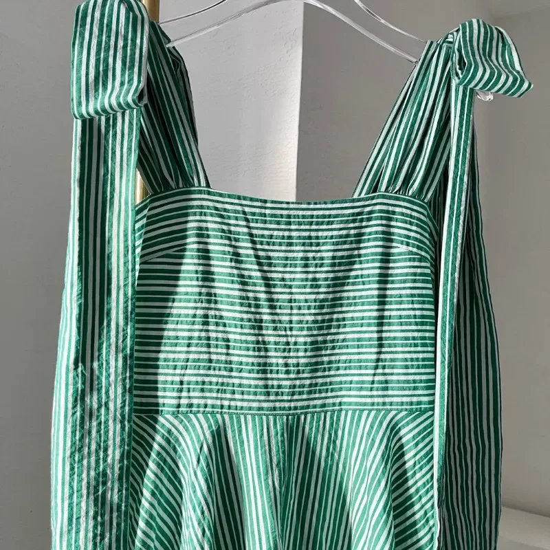 Women\'s Green White Striped Sleeveless Square Collar Midi Dress Chic and Elegant Woman for 2024 New Summer Dresses