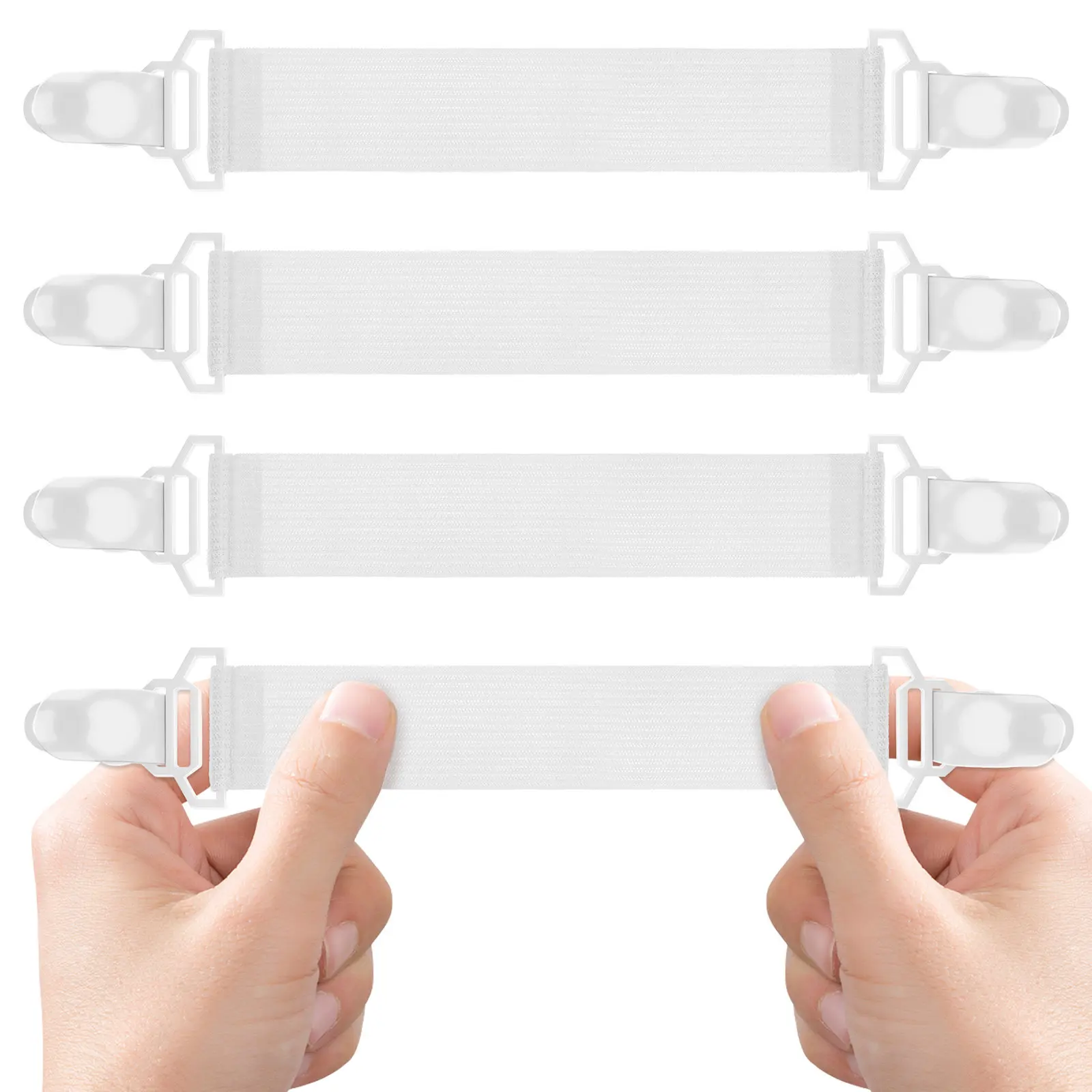 White Sheet Grippers Set Elastic Garter Straps with Sturdy Plastic Clips Flexible Nylon Bands for Satin Sheets Mattress Covers