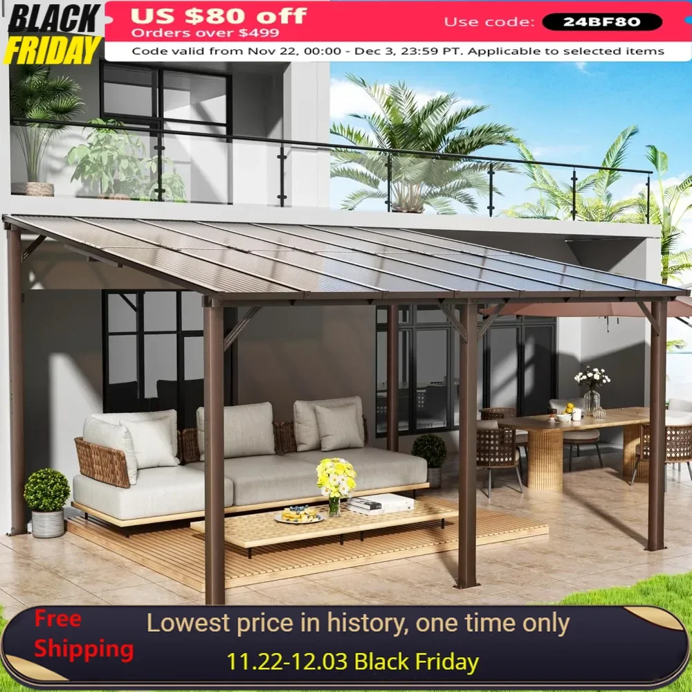 10x14 FT Gazebo, Outdoor Gazebos on Clearance with Aluminum Frame, Wall Mounted Gazebos & Pergola, Lean To Gazebo Awnings