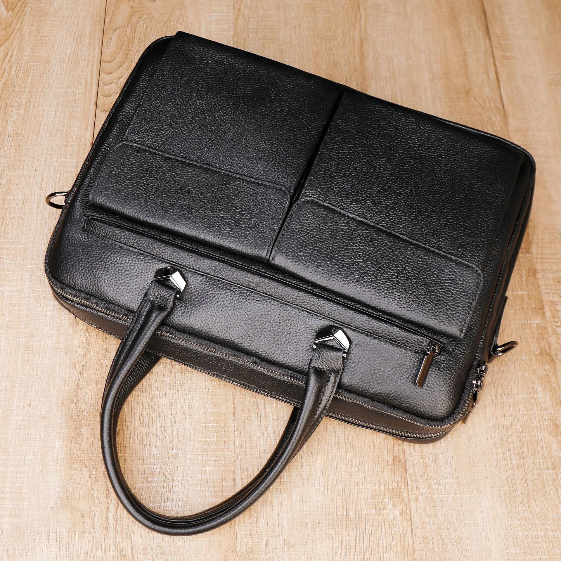 New Cow Genuine Leather Bussiness Briefcases Black for Men Luxury Handbags Laptop Briefcase Bags 14 Inch Office Computer Bag