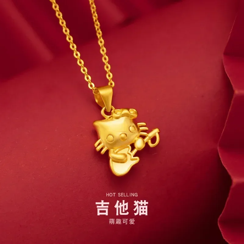 9999 Real Gold 24K Japanese and Korean Fashion Women's Guitar Kt Cat Small Pendant Cute Sweet Kt Cat Necklace