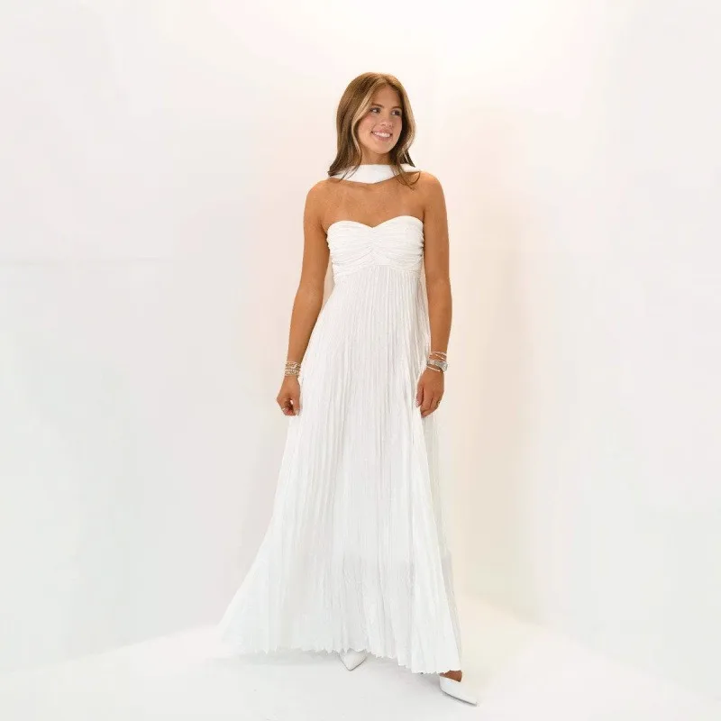 

Wedding Guest Dress Elegant Party Prom Long Halter Pleated Dresses V Neck High Waist Maxi Dress Wrap Back Lace Up Evening Dress