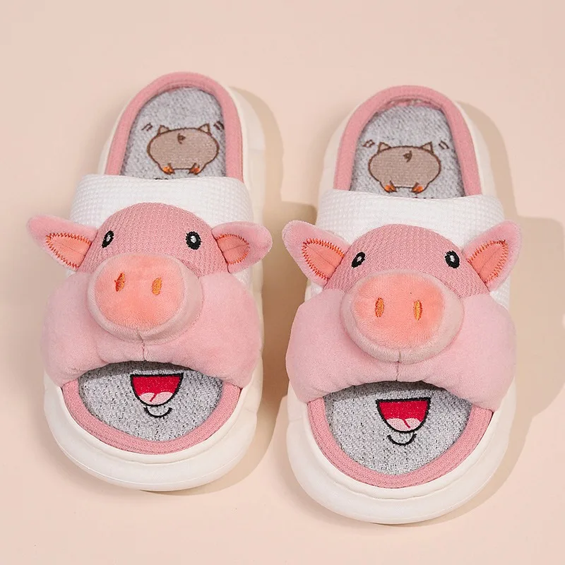 Piggy Cute Linen Slippers Women\'s Four Seasons Home Room Sweat Absorbing and Deodorant Thick Bottom Spring and Linen Sandals