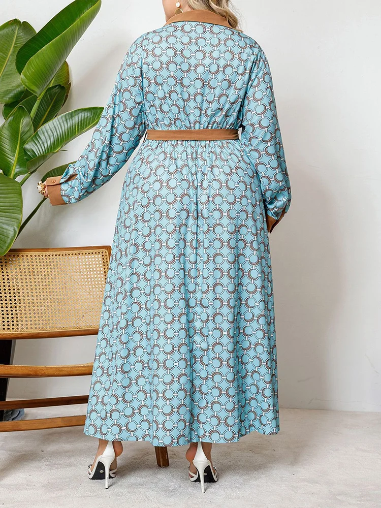 GIBSIE Plus Size Half Button Print Belted Shirt Dress Women 2026 Spring Autumn Chic Long Sleeve Elegant Big Swing Maxi Dresses