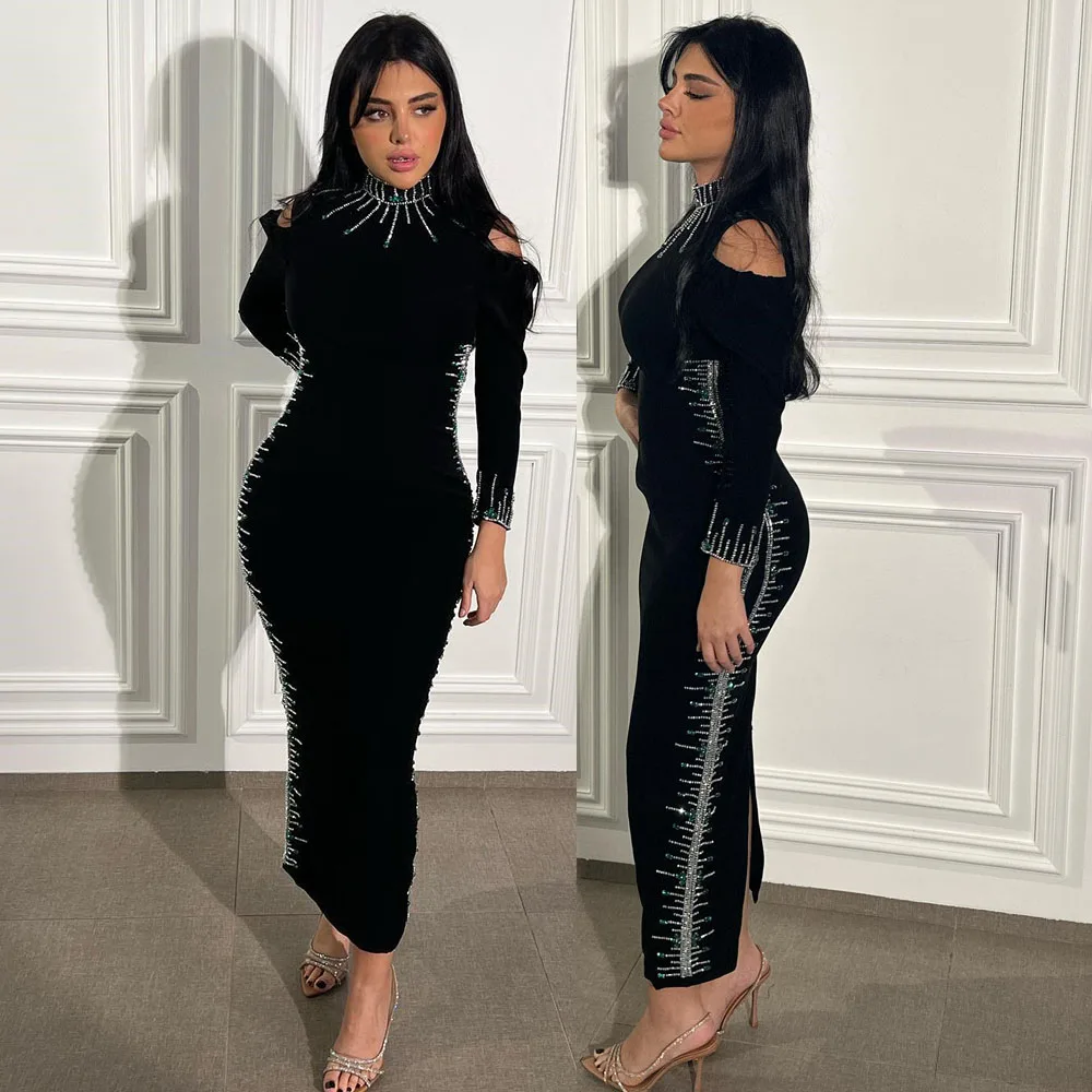 Long Sleeve High Prom Gown Black Sheath Ankle-Length Exquisite Evening Dresses Muslim Clothing فساتين للحفلات الراقصة