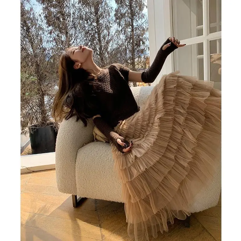 

Ele Multi-Layered Tulle Skirt Long Dr Women's Autumn Winter High Waist Cake Skirt Sle Slimming Ele Midi Skirt