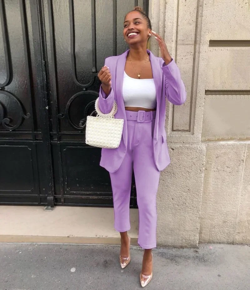 

Classic Office Blazer Suit Two Piece Set 2024 Women Casual Commute Cropped Pants Suits Solid Color Mid Length Blazer with Pocket