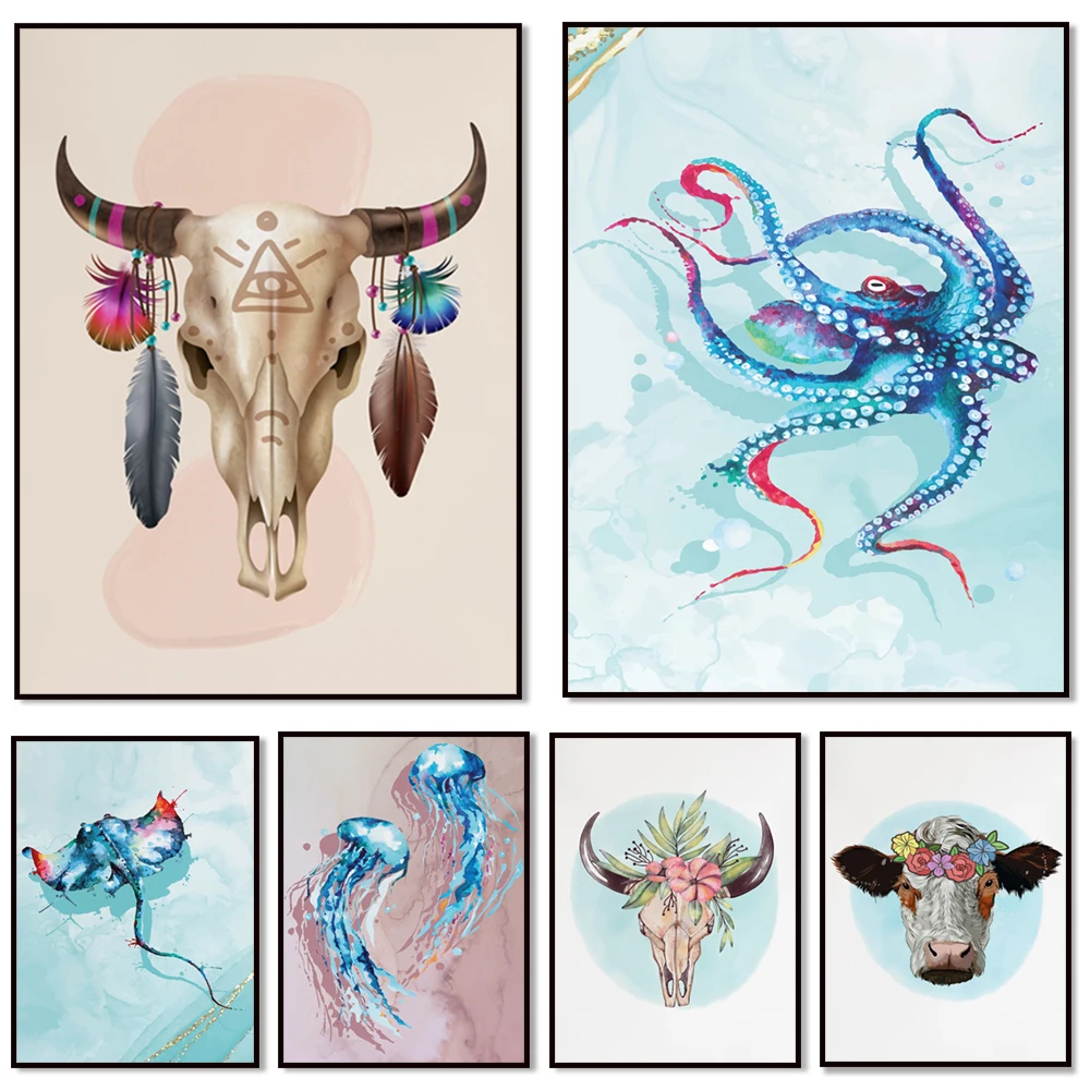 

Sea life watercolor octopus, stingray, jellyfish print, cow skull, highland cow, dream catcher feathers vintage hipster poster