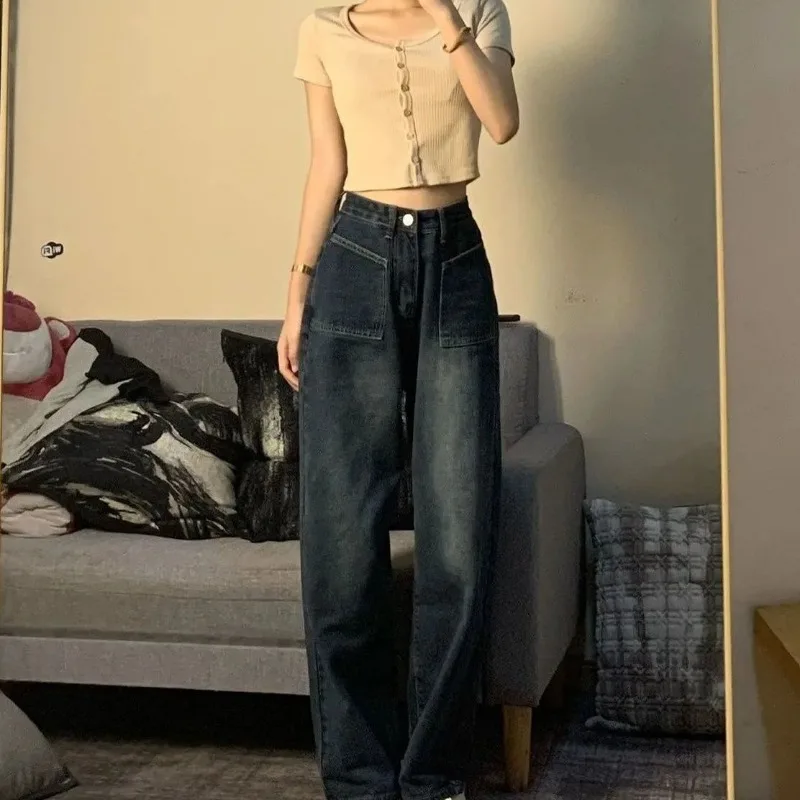 Hot Sale Korean Jeans Women BF Style Streetwear Full Length All-match Straight Hipster Spring Autumn Femme Denim Vintage Trouser