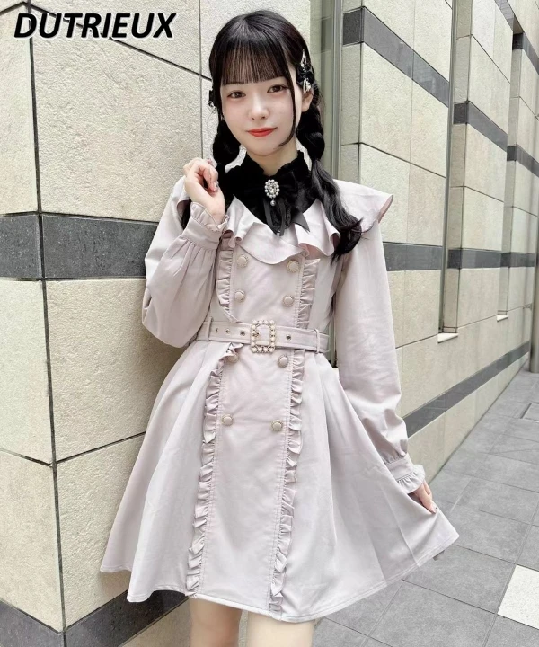 

Japanese Mine Rojita Dress Women Sweet Cute Bow Ruffled Pleated Long Sleeve Black Dresses Autumn New Lolita Student Midi Dress