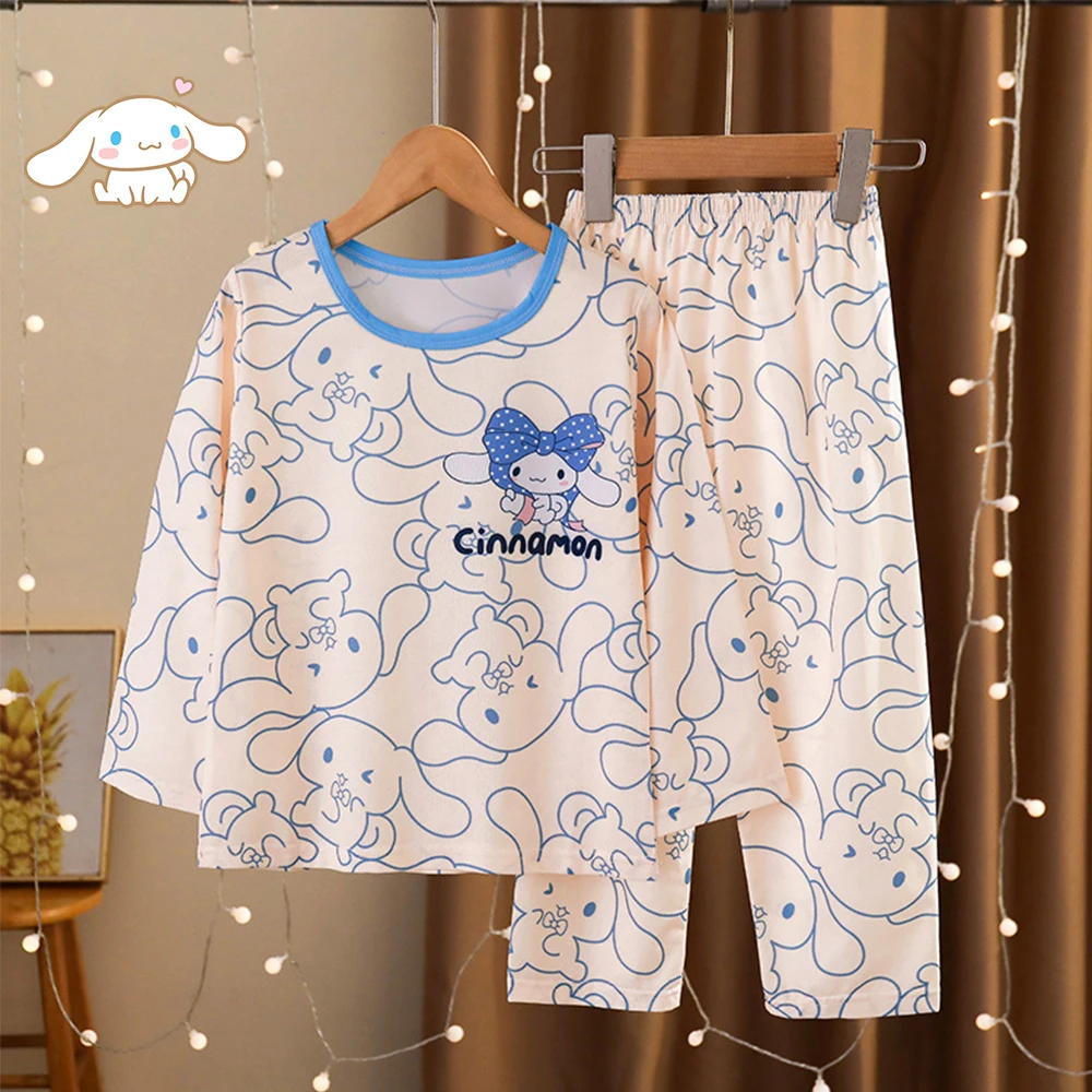 Anime Sanrios Children Pajama Kuromi Hello Kitty Melody Cinnamoroll Cartoon Kawaii Boy Girl Long Sleeve Pants Summer Home Wear