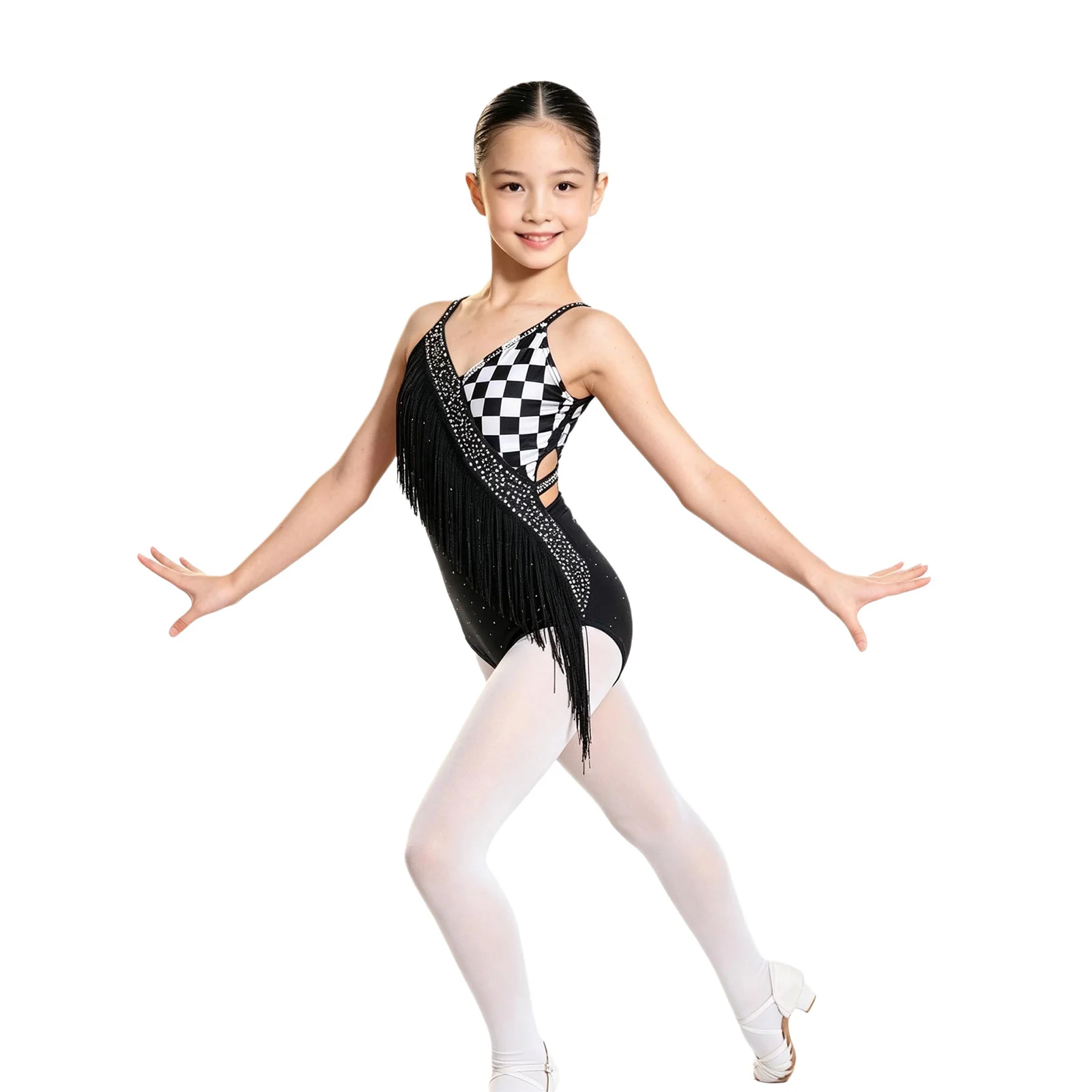Kinder Mädchen Gymnastik- und Latein-Tanzanzüge, V-Ausschnitt Bodysuit mit Strass und Quasten, Dreieckiger Jumpsuit, Tanzkleidung – Detail 10