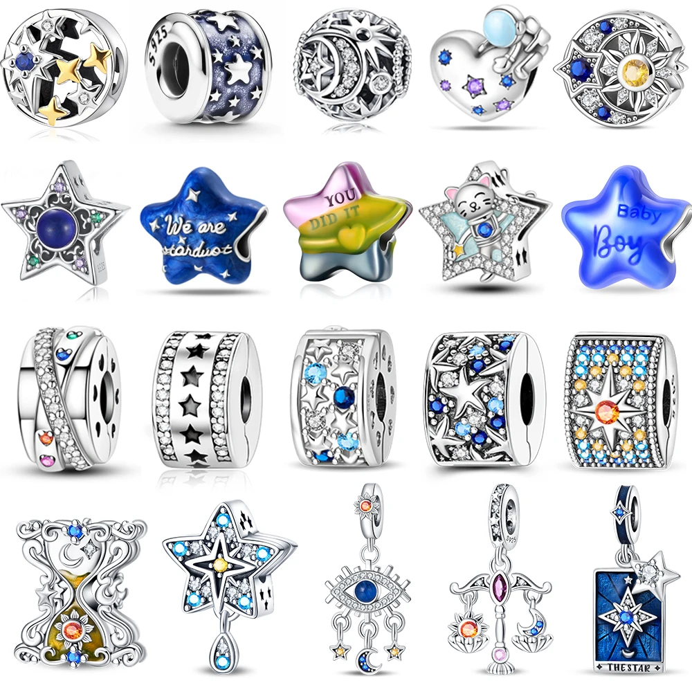 

Hot Sale 925 Sterling Silver Sparkling Crossover Star Beads Galaxy Blue & Star Murano Glass Charm Fits 3mm Bracelet & Necklace