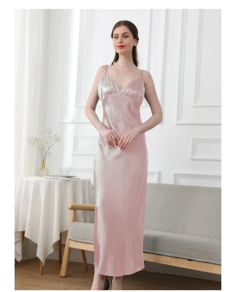 Women 100% Silk Slip Dress Solid V Neck Maxi Dresses Spaghetti Strap Satin Dress Bottoming Skirt Sexy Sleeping Dresses Nightwear