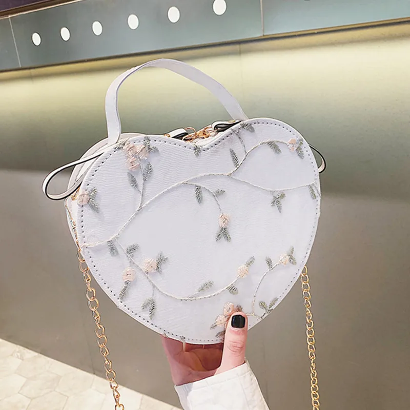 Female Sweet Lace Heart Round Handbags High Quality PU Leather Cross Body Bags for Women Small Fresh Flower Chain Shoulder Bags