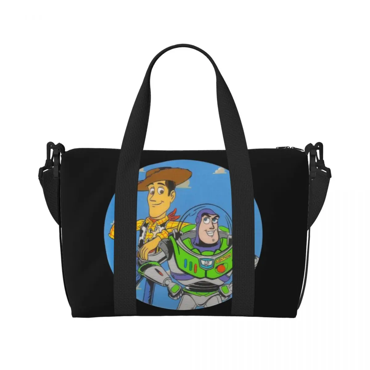 Custom Toy Story Cartoon Tote Bag Women Large Capacity Woody Buzz Lightyear Gym Beach Shoulder Travel Bag