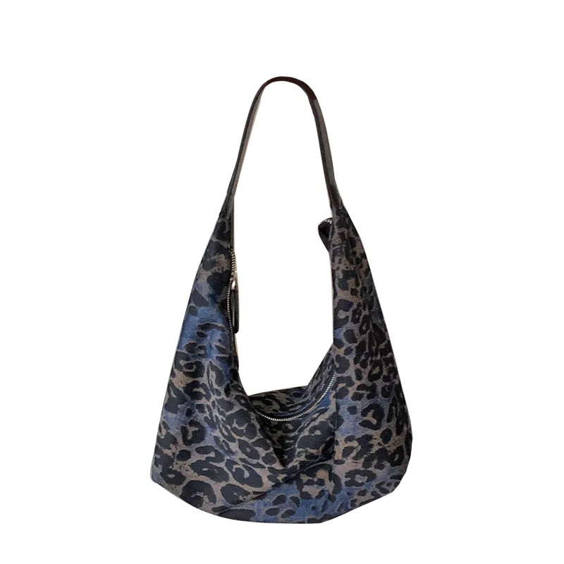 FIRMRANCH Special Blue Leopard Pattern Lazy Large Capacity Casual Denim Women's Single Shoulder Armpit Bag Soft Chic Purse Hobos