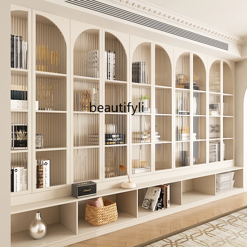 

Bookcase Integrated Entire Wall to Top Wall Fixed Solid Wood Transparent and Dustproof Arch Cabinet