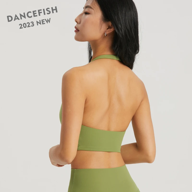 DANCEFISH 2023 Women Chic U Collar Top Halter Backless Design Low Intensity Sportwear Daily Wear Walk Pilates Yoga Bra