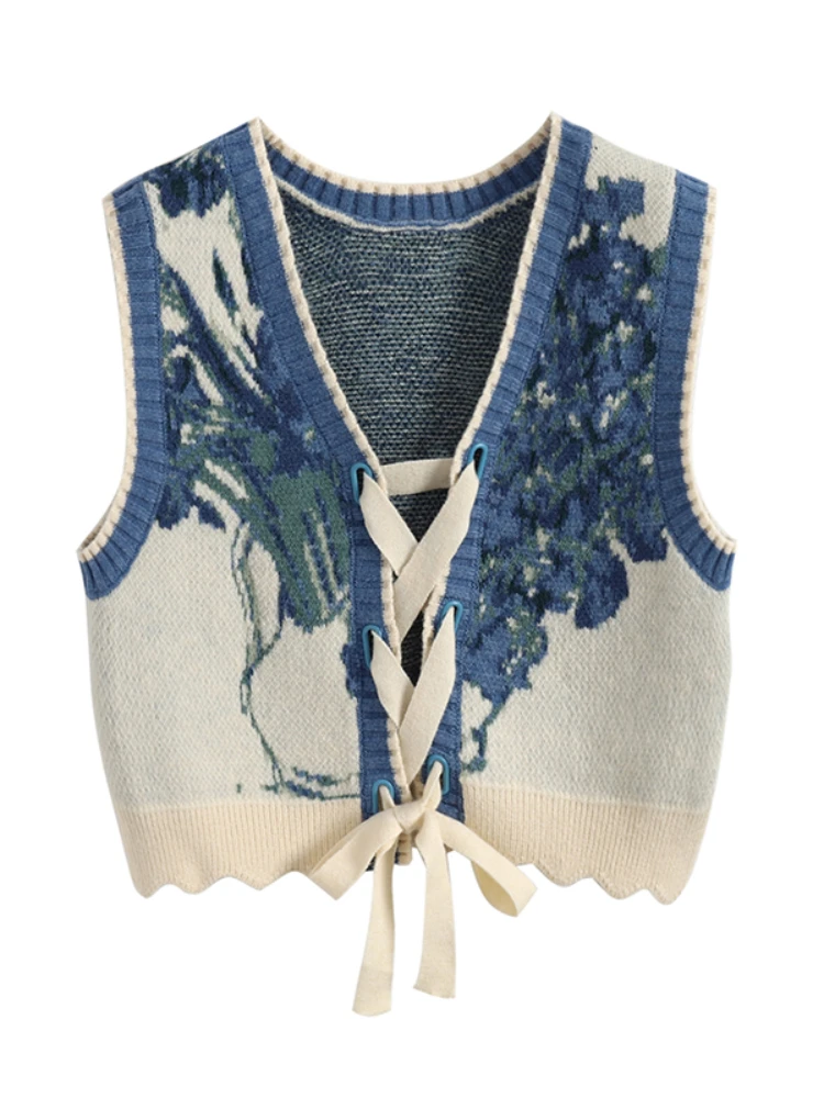 Korobov Vintage Oil Painting V-neck Knitted Vest New Cardigan Sweater Small Vest Woman Vintage Fashion Chalecos Para Mujeres