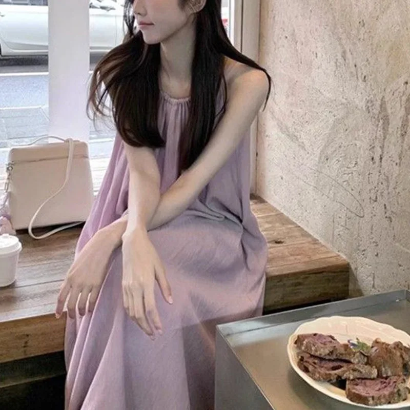 프랑스풍 부드러운 퍼플 넥 멜빵 원피스 2025 여름 여성 휴가룩 루즈핏 슬리밍 A라인 스커트