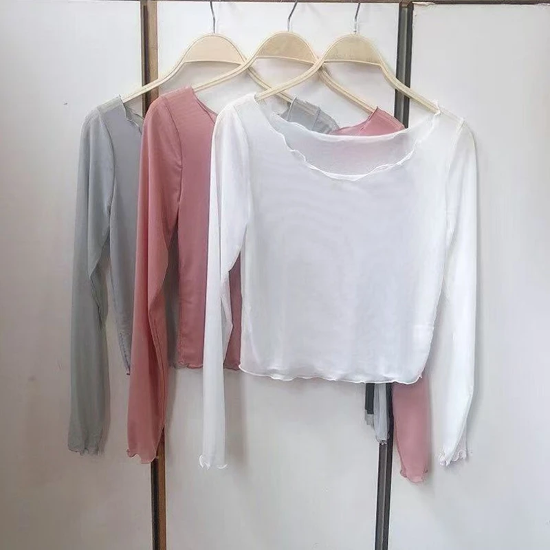 เสื้อตาข่ายซีทรูกันแดดสำหรับผู้หญิง เสื้อครอปท็อป เสื้อเบลาส์เซ็กซี่ ผ้าบางพับได้ ทรงเข้ารูป เสื้อผ้าโปร่งใส สำหรับฤดูใบไม้ผลิ ฤดูร้อน ฤดูใบไม้ร่วง