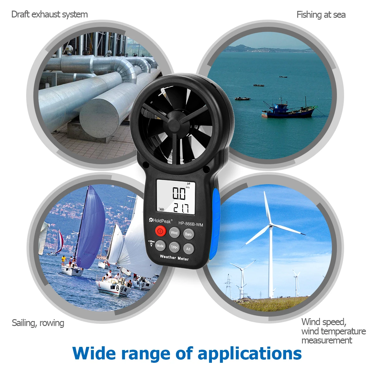 HP-866B-WM Anemometer-Anleitung, Windgeschwindigkeit, Barometer-Anzeige, Temperatur-/Feuchtigkeits-/Taupunkt-/Windkühlungsanzeige, Höhe