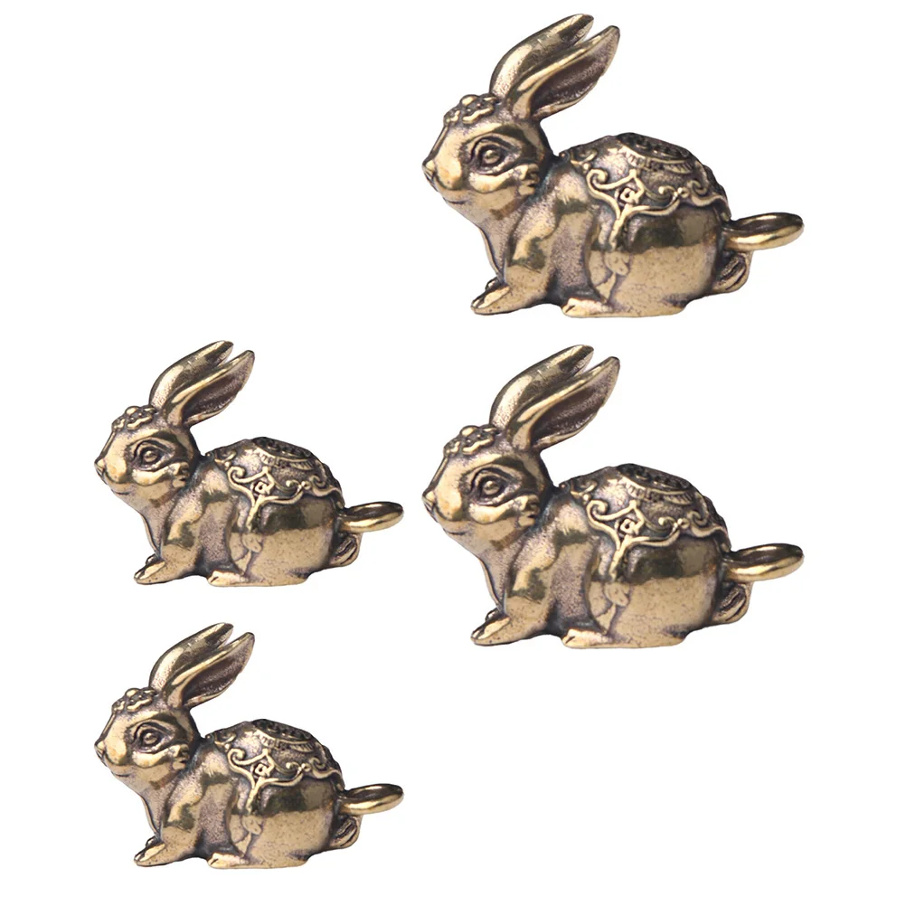 4 Pcs Key Fob Zodiac Rabbit Pendant Animal Pendants Statue Copper Ware Decors Bunny Ring Chain Decorative Shaped Keychain